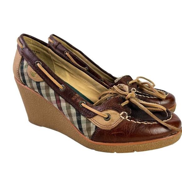Sperry Top Sider Womens Brown Leather Boat Shoes Wedge Slip On Casual sz 8.5 - Picture 1 of 16